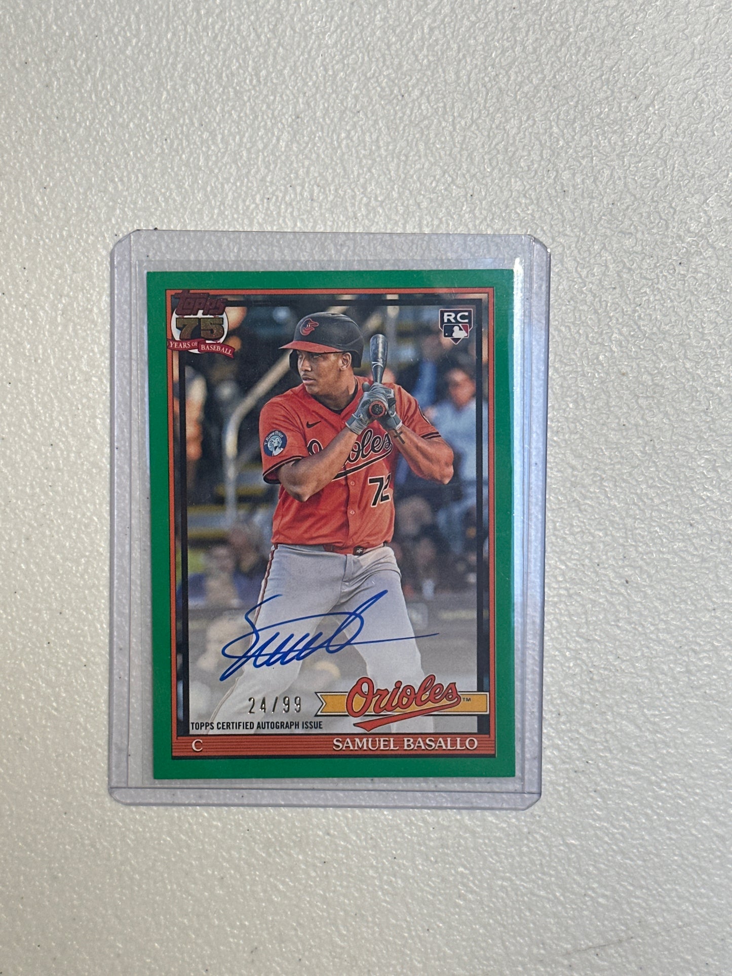 Singles: Baseball Cards- 2026 Topps Samuel Basallo 75th Anniversary Autograph Green Foil /99