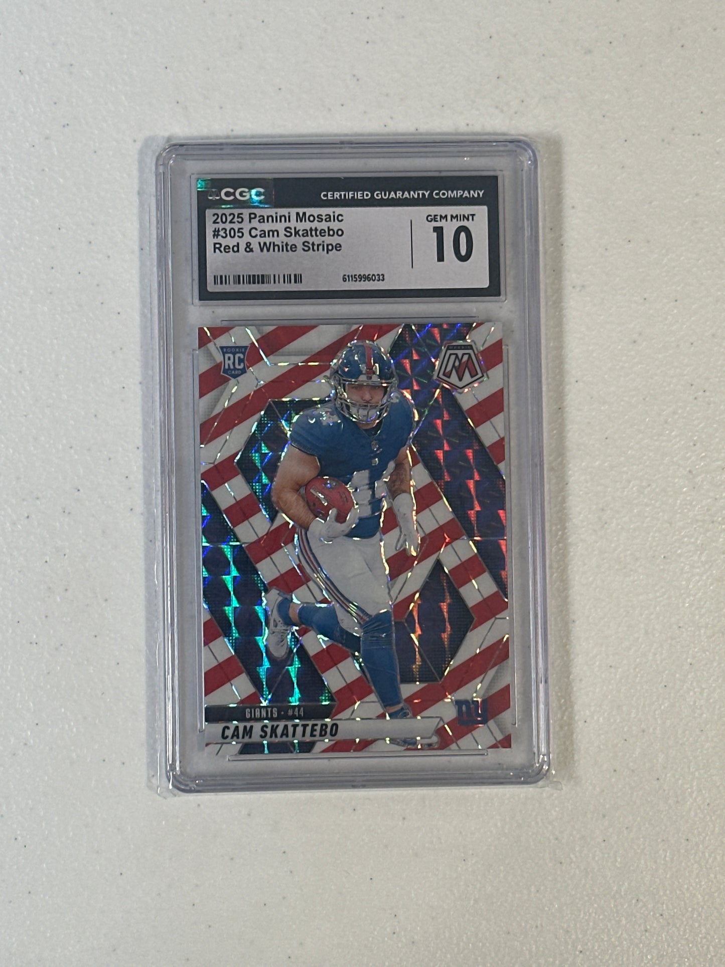 PSA: Football Cards- 2025 Panini Mosaic Cam Skattebo Red & White Stripe CGC 10