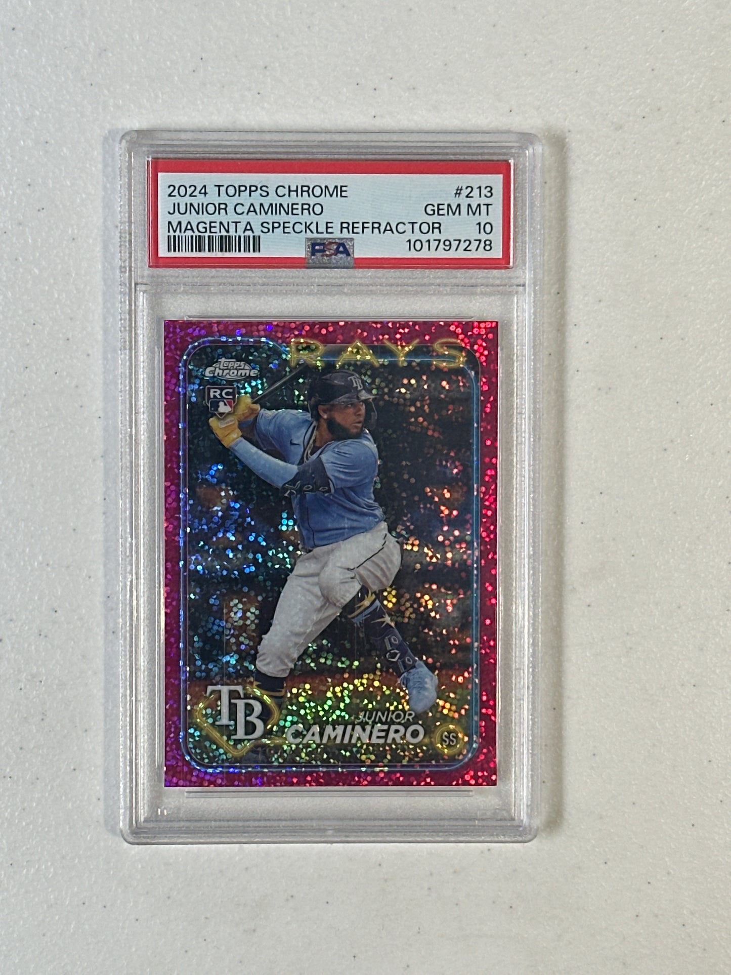 PSA: Baseball Cards- 2024 Topps Chrome Junior Caminero Magenta Speckle Refractor /350 PSA 10