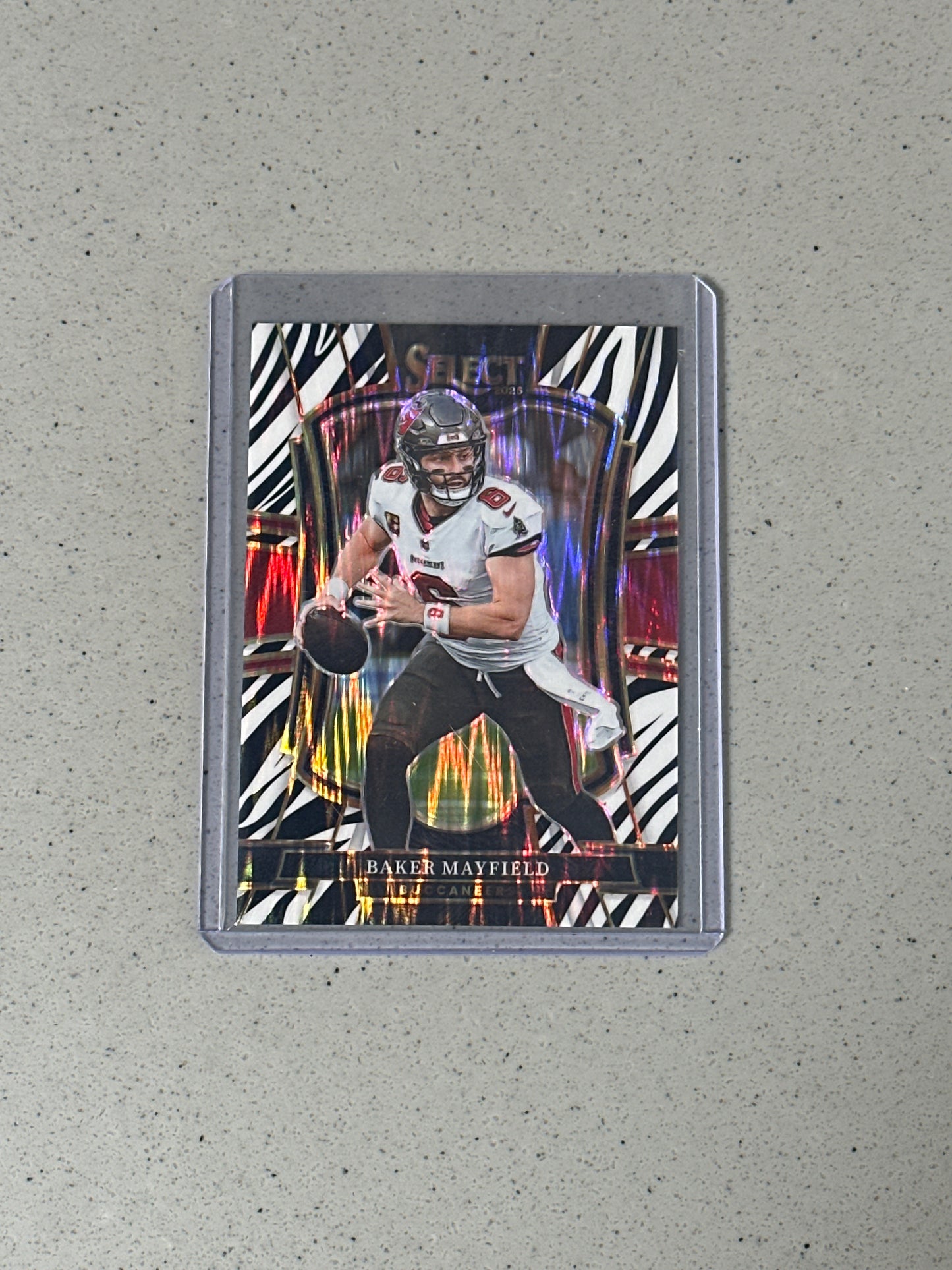 Singles: Football Cards- 2025 Select Baker Mayfield Premier Level Zebra