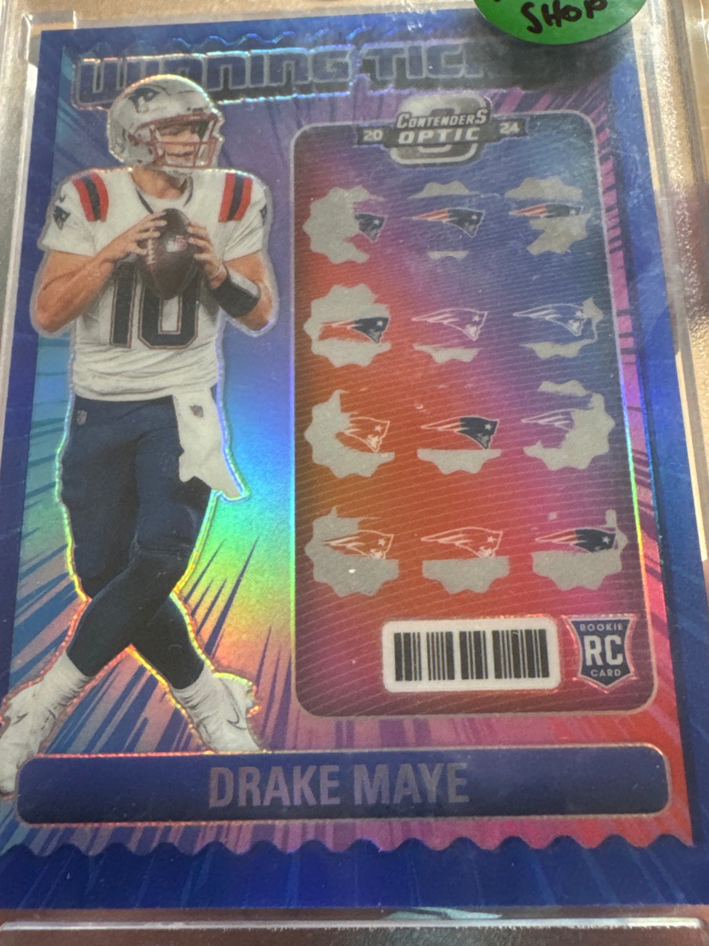 Collectible sports trading card featuring Drake Maye in a clear protective sleeve.
