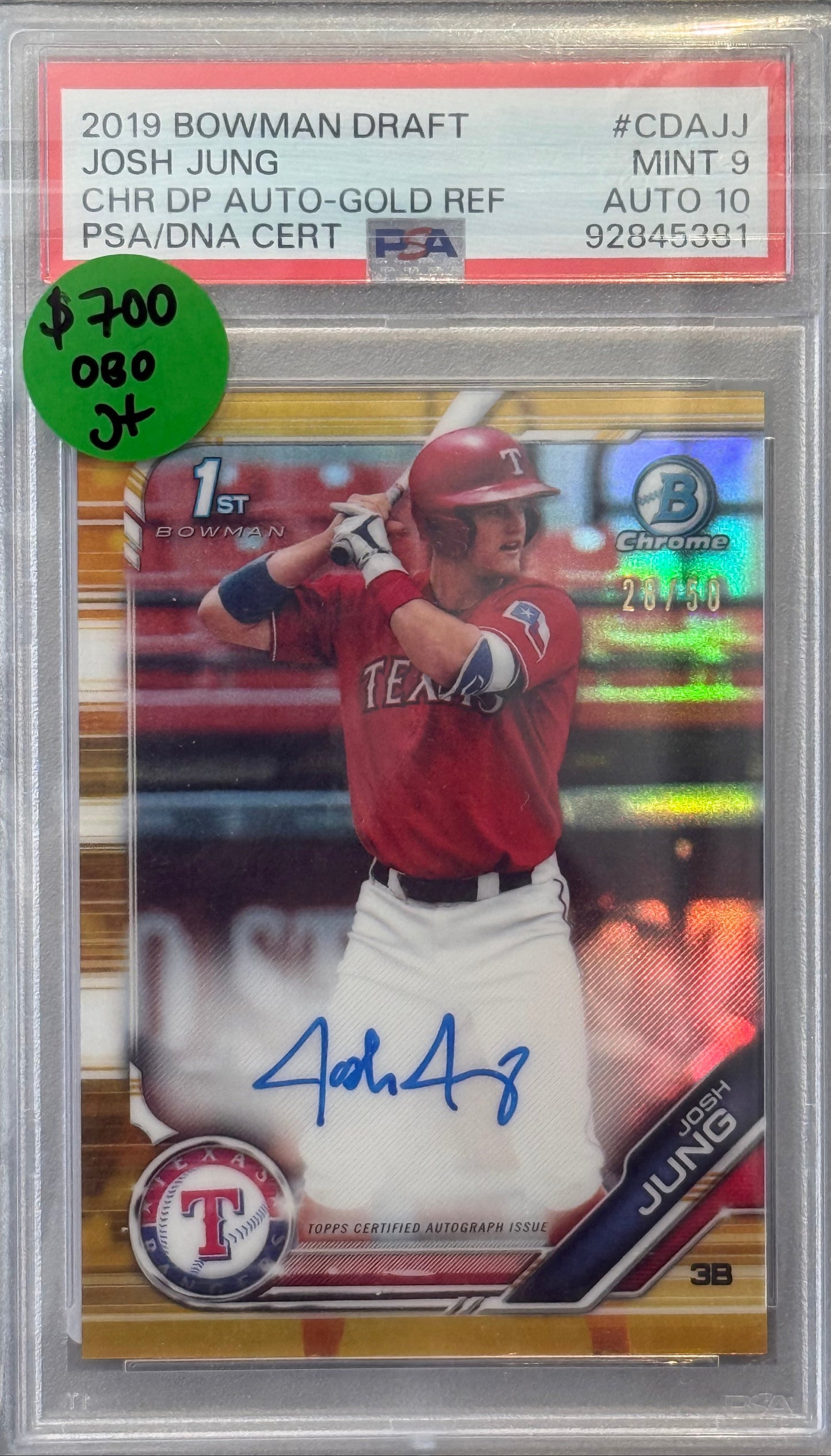 PSA: Baseball Cards - MNT 9 AUTO 10 - 2019 Bowman Draft Josh Jung Gold Chrome /50