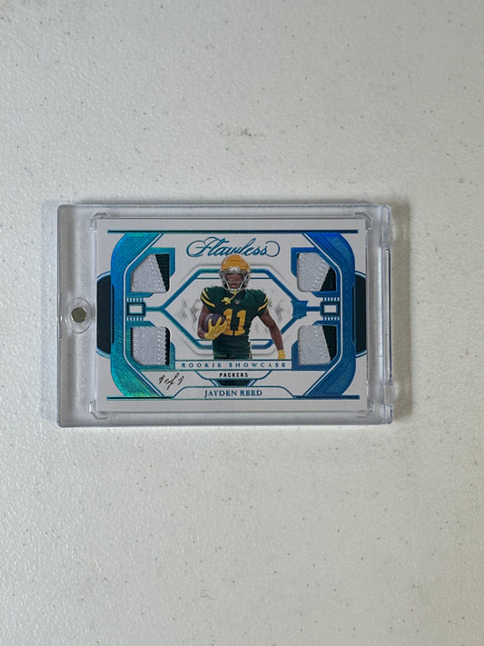Singles: Football Cards- 2023 Flawless Jayden Reed Rookie Showcase Quad Patch 1/1
