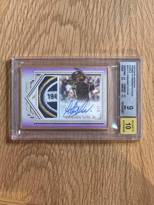 PSA: Baseball Cards- 2022 Definitive Fernando Tatis Jr. Framed Autograph Patch /5 BGS 9 AUTO 10