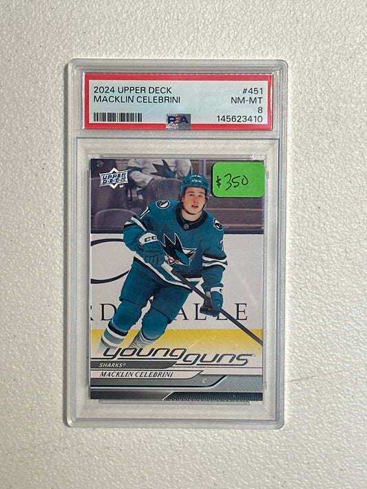 Singles: Hockey Cards- 2024 Upper Deck Macklin Celebrini Young Guns PSA 8