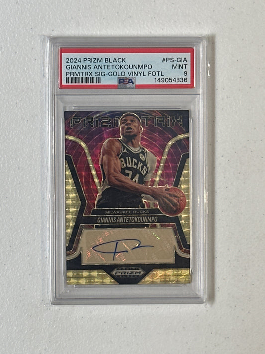 PSA: Basketball Cards- 2024 Prizm Black Giannis Antetokounmpo Prizmatrix Signature Gold Vinyl FOTL /5 PSA 9