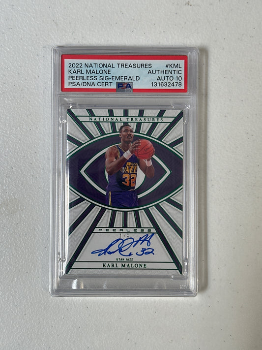 PSA: Basketball Cards- 2022 National Treasures Karl Malone Peerless Signatures Emerald 1/5 Authentic AUTO 10