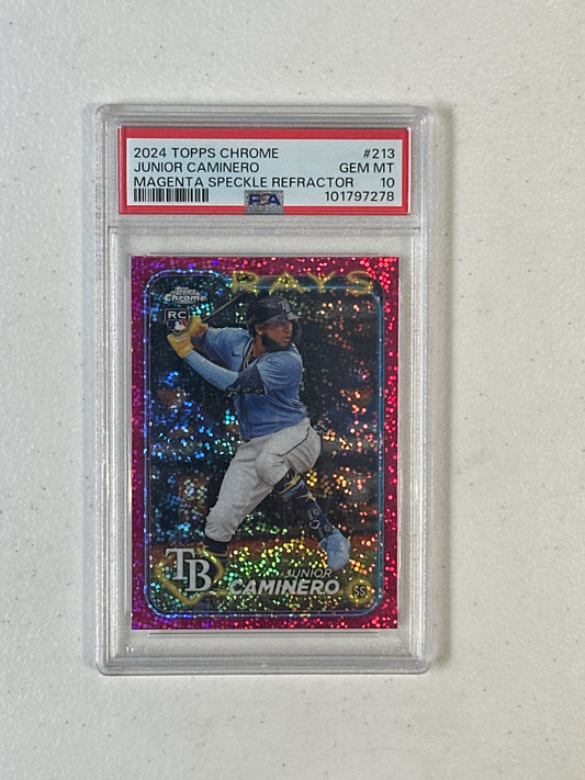 PSA: Baseball Cards- 2024 Topps Chrome Junior Caminero Magenta Speckle Refractor /350 PSA 10