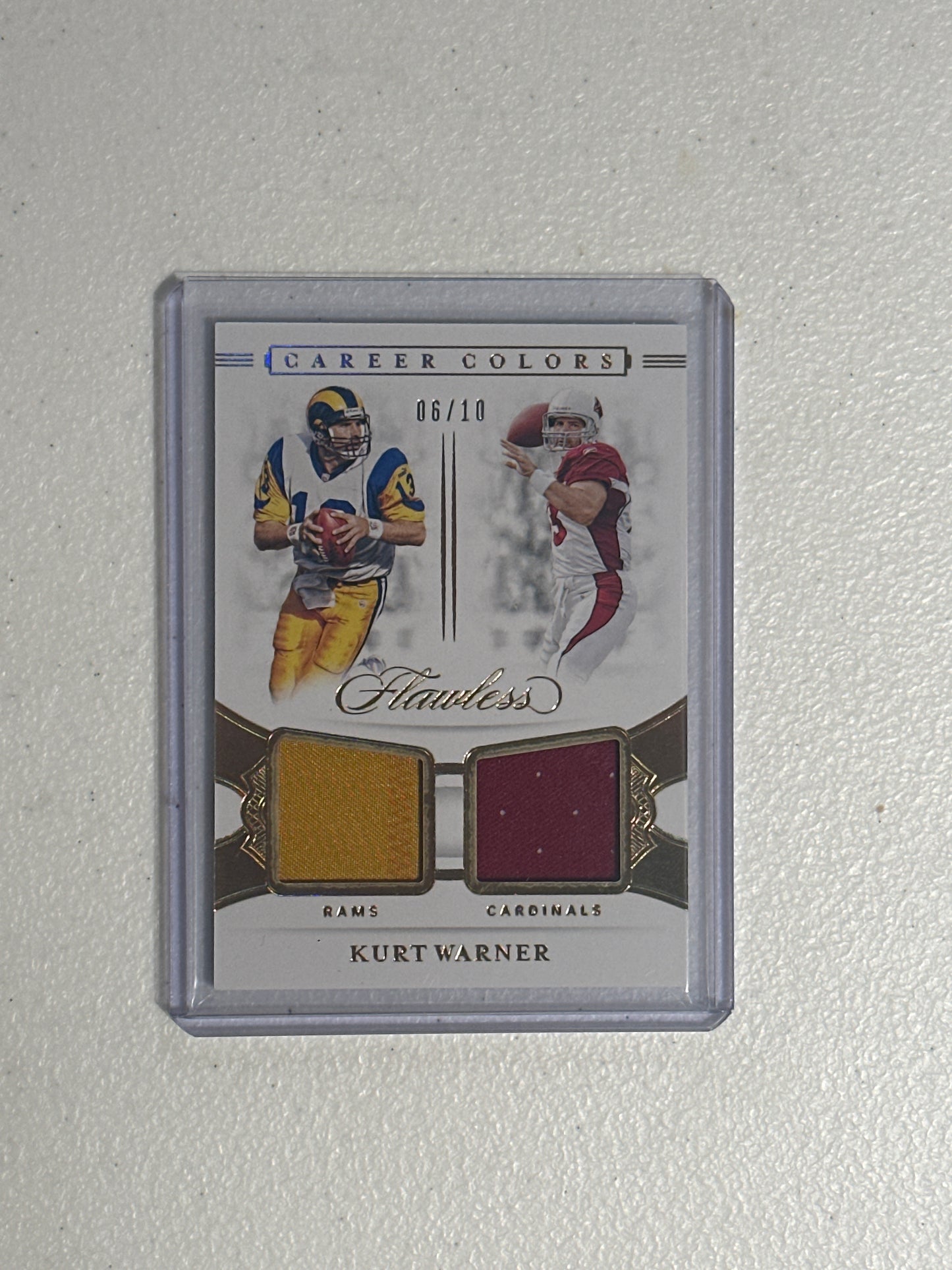 Singles: Football Cards- 2020 Flawless Kurt Warner Career Colors Dual Patch 6/10