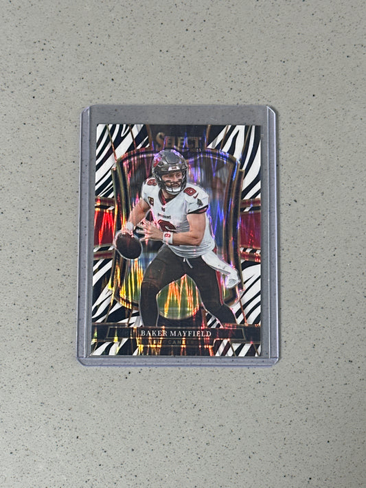 Singles: Football Cards- 2025 Select Baker Mayfield Premier Level Zebra