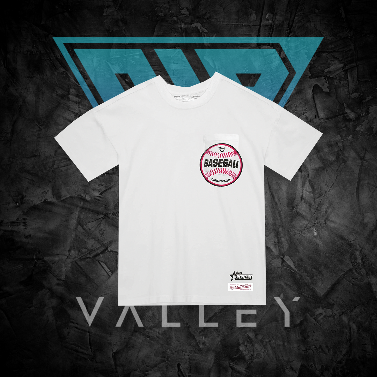 Sports Apparel: Topps Heritage Baseball – White Logo T-Shirt (by Mitchell & Ness)