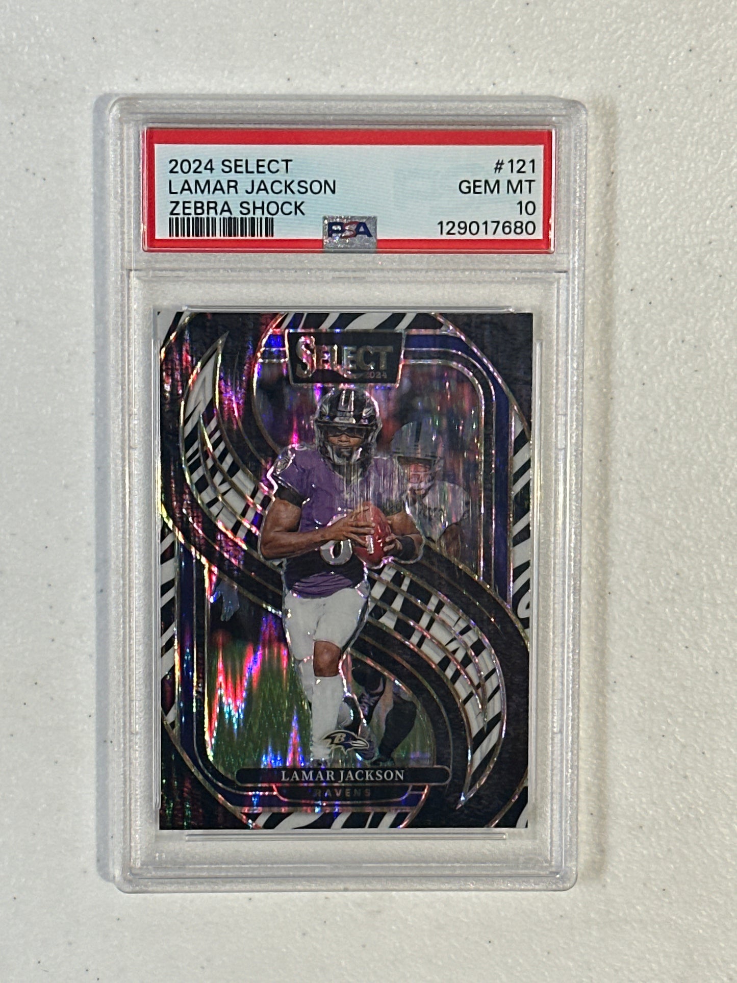 PSA: Football Cards- 2024 Select Lamar Jackson Premier Level Zebra Shock PSA 10