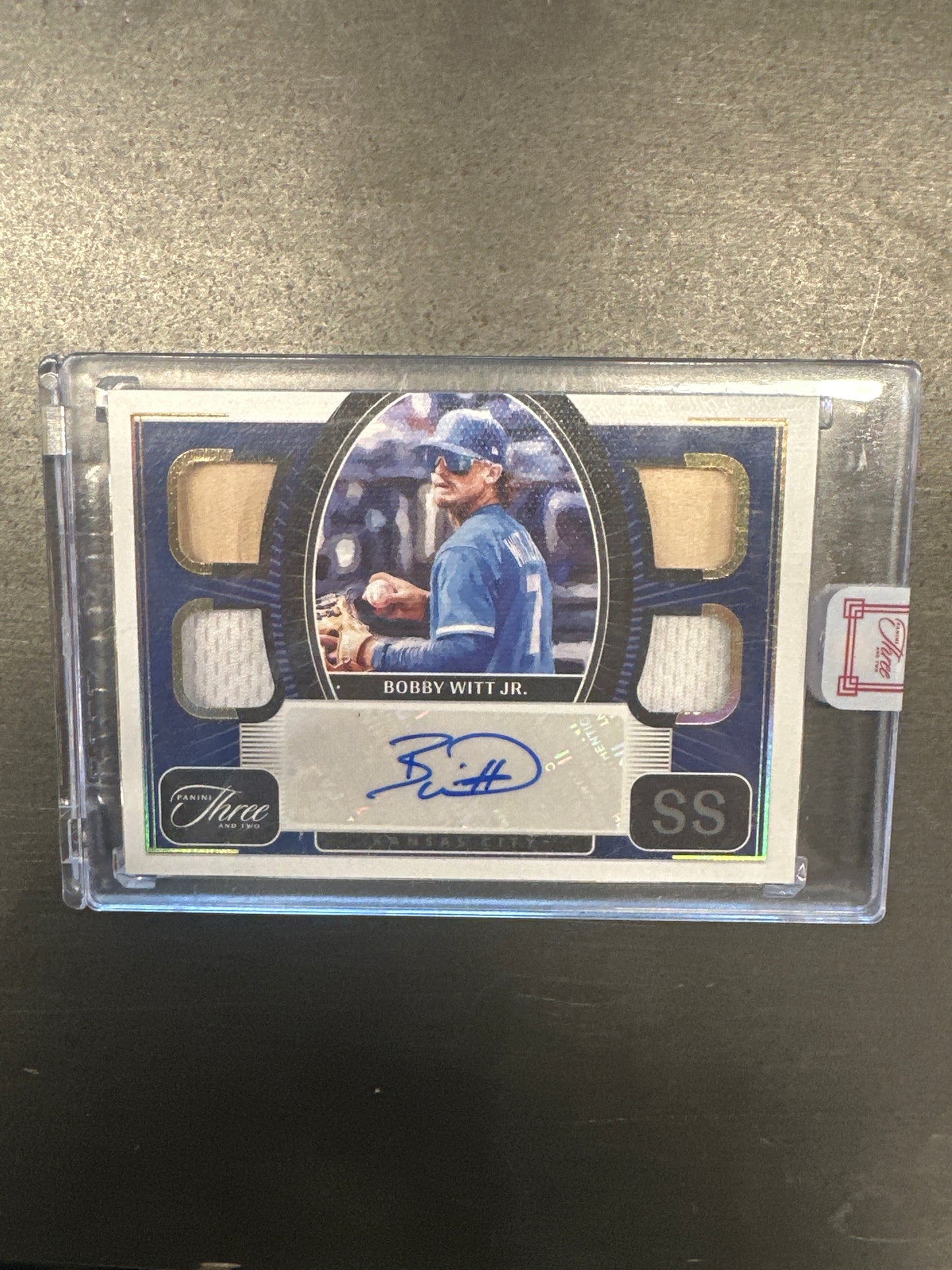 Singles: Baseball Cards- 2022 Panini Three and Two Bobby Witt Jr. Quad Patch Auto /15 (Player-Worn/Used)