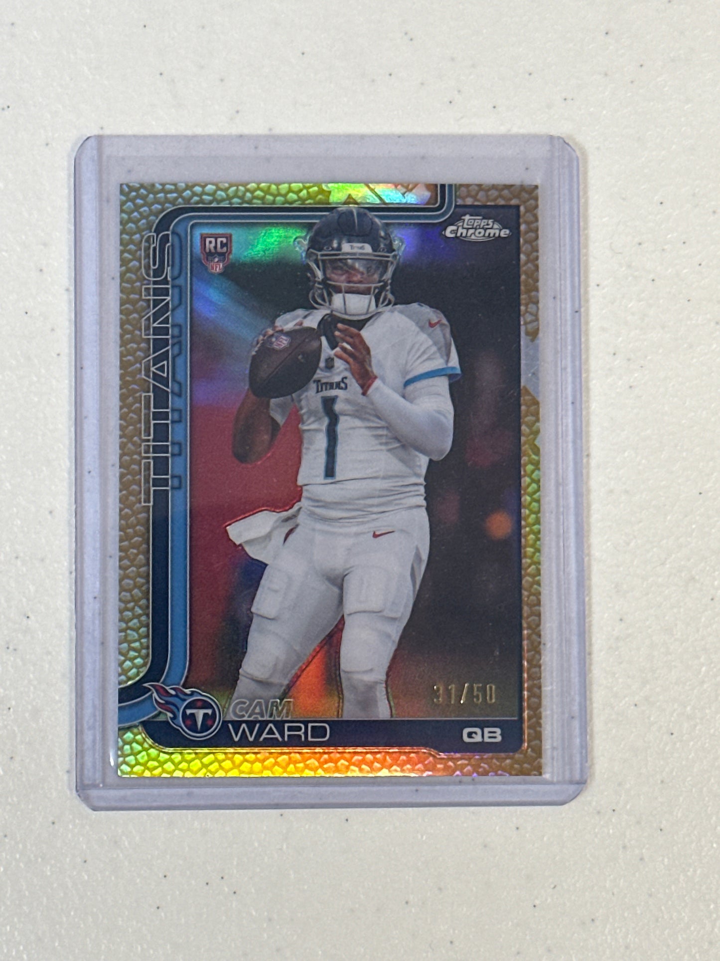Singles: Football Cards- 2025 Topps Chrome Cam Ward Pigskin refractor /50