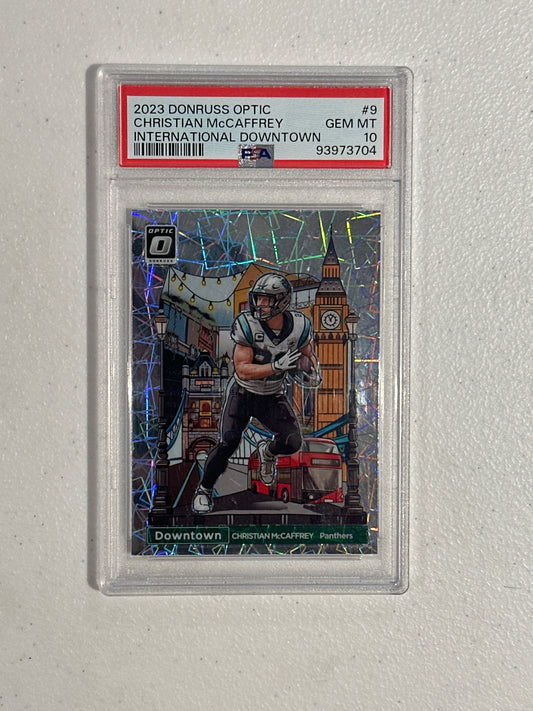 PSA: Football Cards- 2023 Donruss Optic Christian McCaffrey International Downtown PSA 10